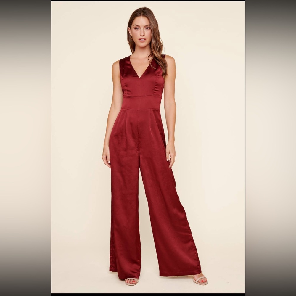 One and Only Satin Wide Leg Jumpsuit Burgundy